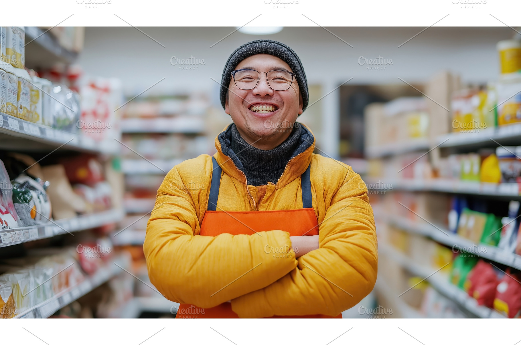 A cheerful Asian store employee in a, a Person Photo by Sergey Kotenev