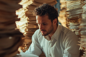 A man document specialist in a white shirt sits among tall stacks of papers, de, a Person Photo by Textures & Backgrounds