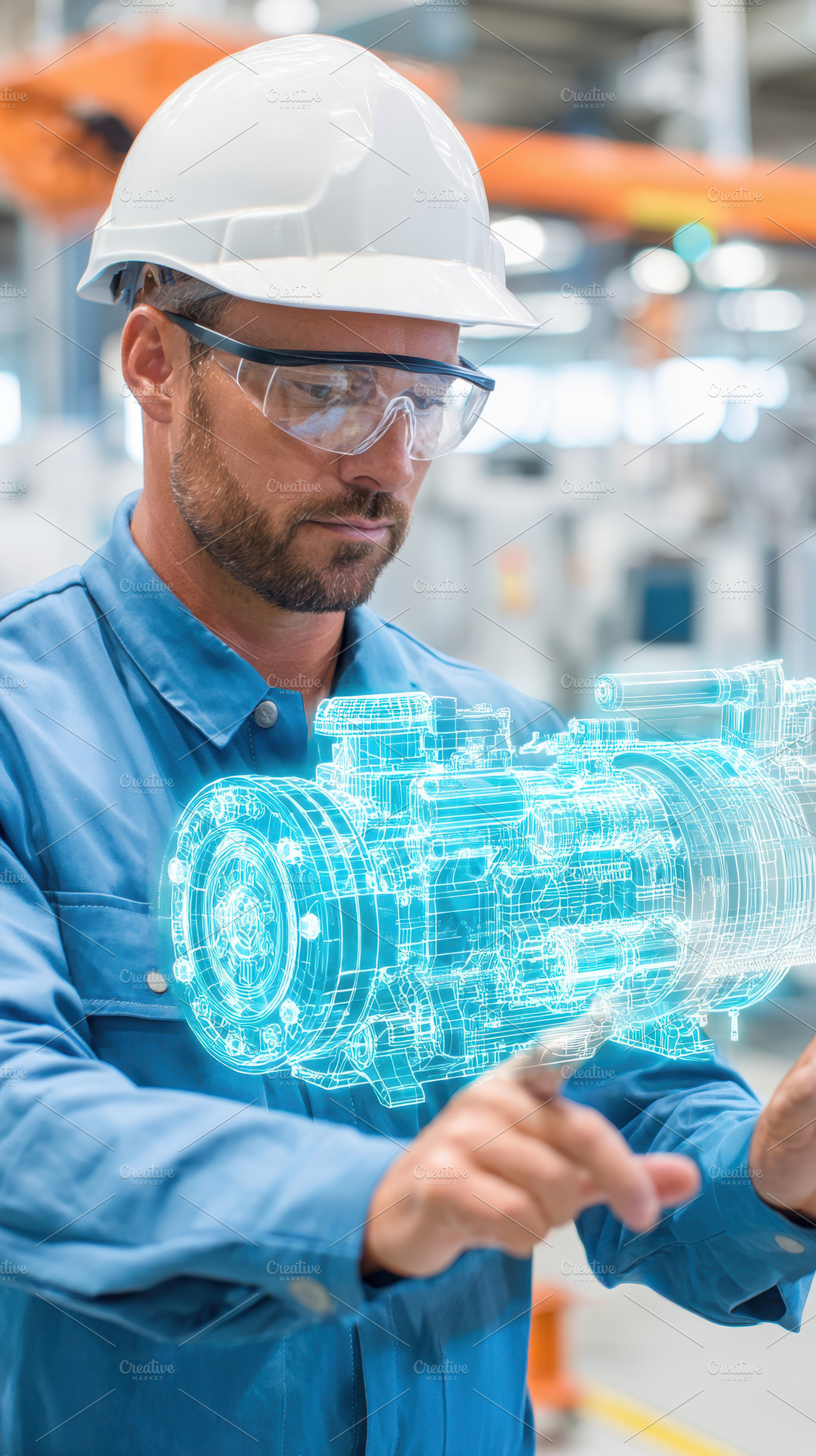 Engineer examining holographic engine component in factory, an Industrial Photo by AlyaAnd