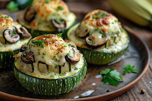 Zucchini stuffed with cheese and meat on wooden table, a Food & Drink Photo by AlyaAnd