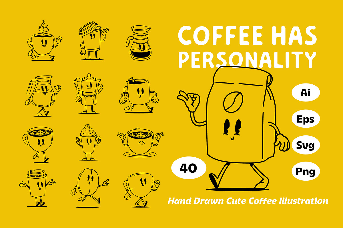 40 Hand-drawn Cute Coffee, a Food Illustration by Jiwstudio (Photo 1 of 12)