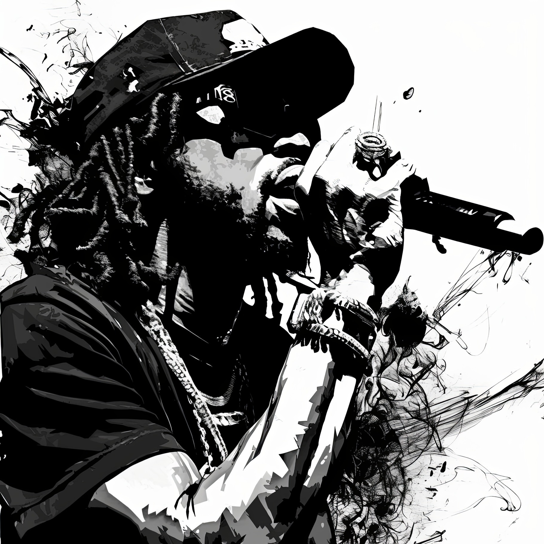 Black and white illustration of an expressive rapper performing on ...