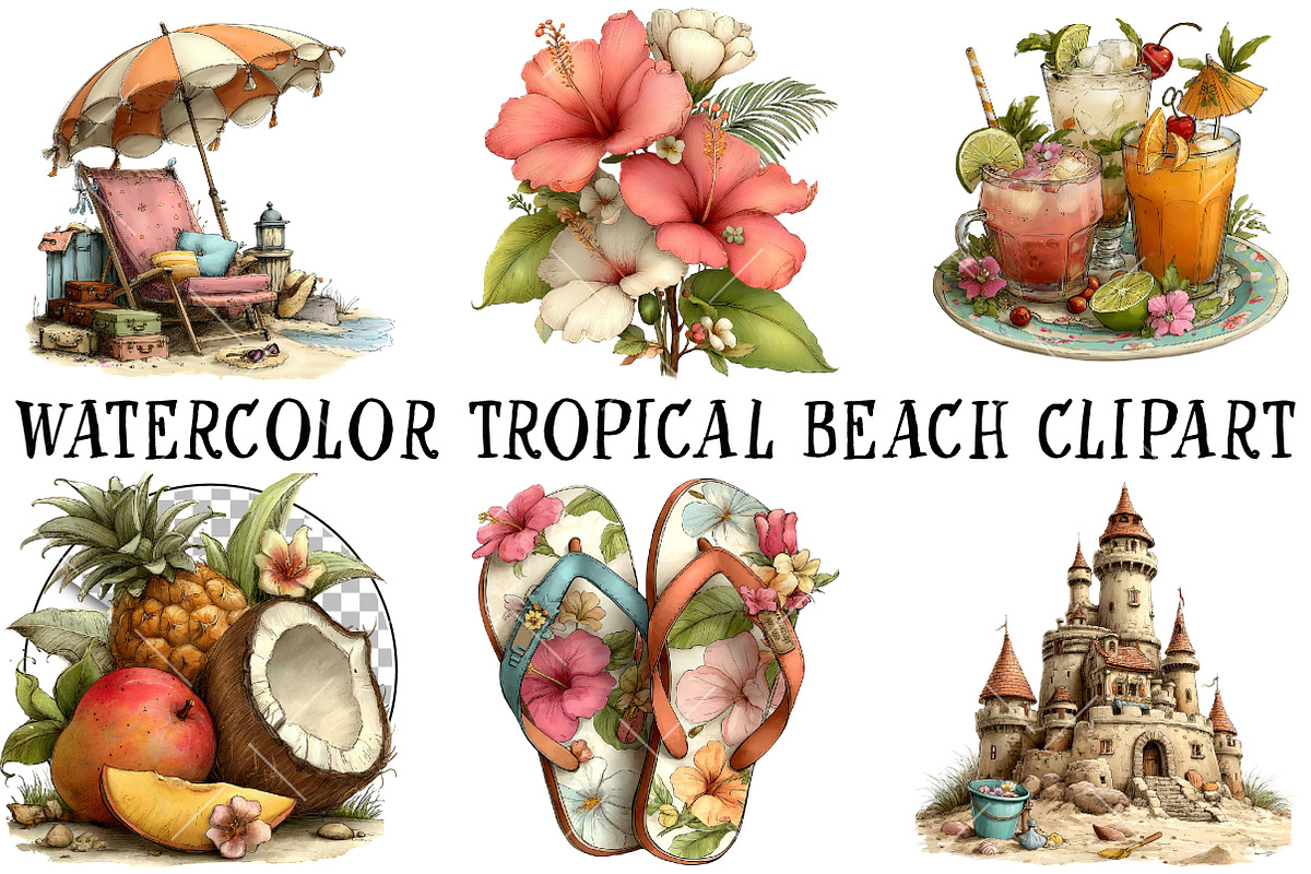 Watercolor Tropical Beach Clipart, an Illustration by OK Design (Photo 2 of 6)