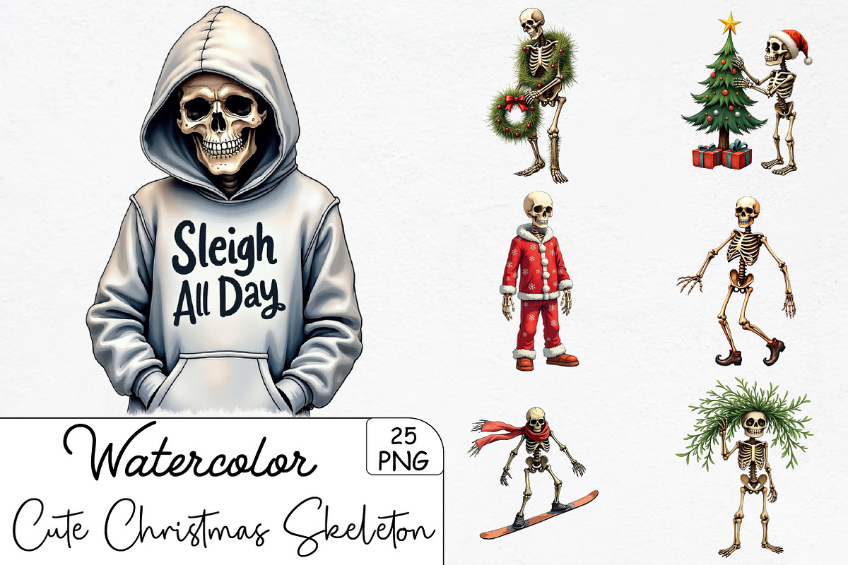 Cute Christmas Skeleton PNG Clipart, an Illustration by CrexoraLab (Photo 1 of 5)