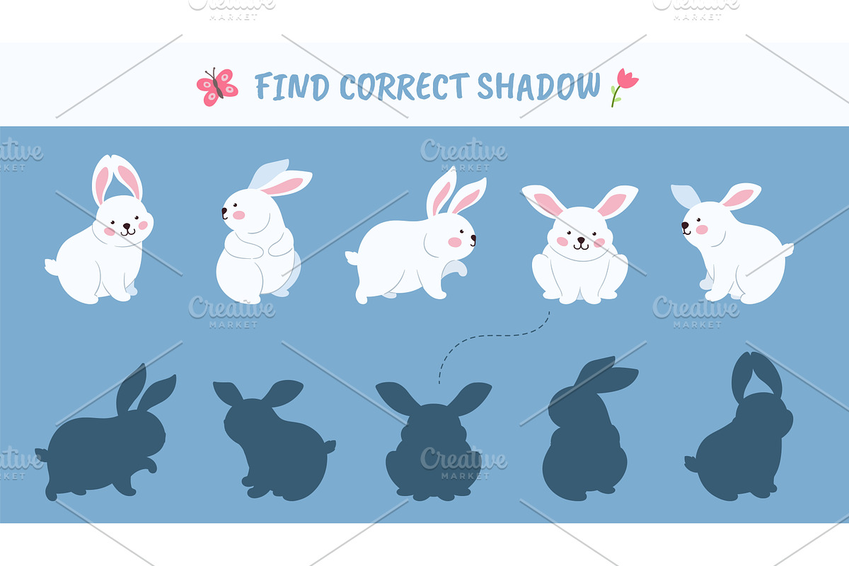 Find correct rabbit shadow. Children, an Animal Illustration by LadadikArt