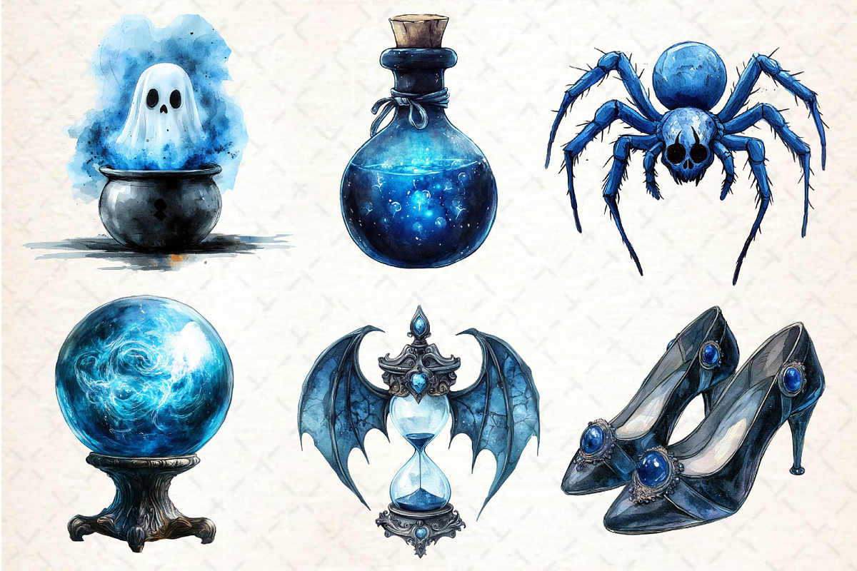 Blue Halloween Watercolor Clipart, an Illustration by Dream Creation (Photo 3 of 7)
