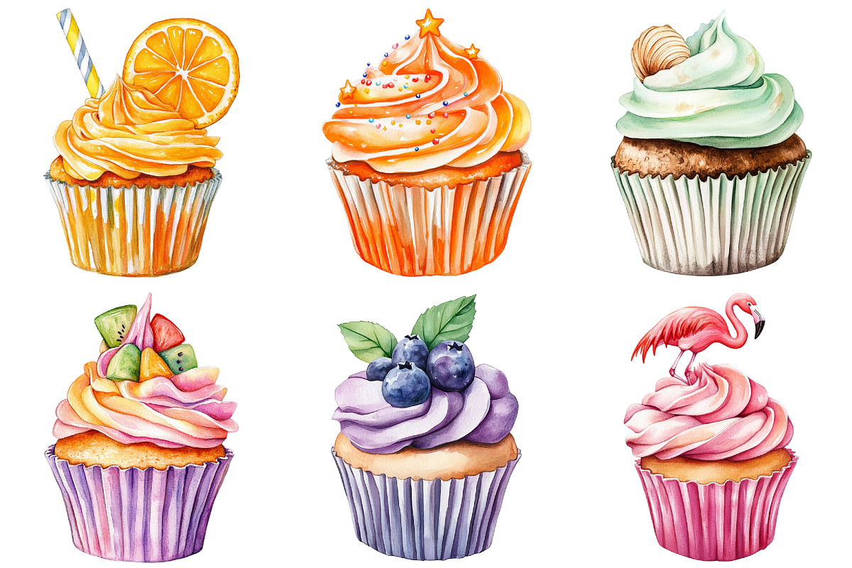 Watercolor Summer Cupcake Clipart, an Illustration by Craft Nest (Photo 2 of 6)
