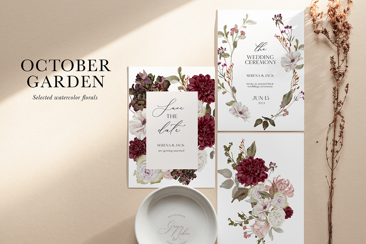 Burgundy & Blush Watercolor Florals, a Decorative Illustration by Grace Noboa Illustrations (Photo 4 of 13)