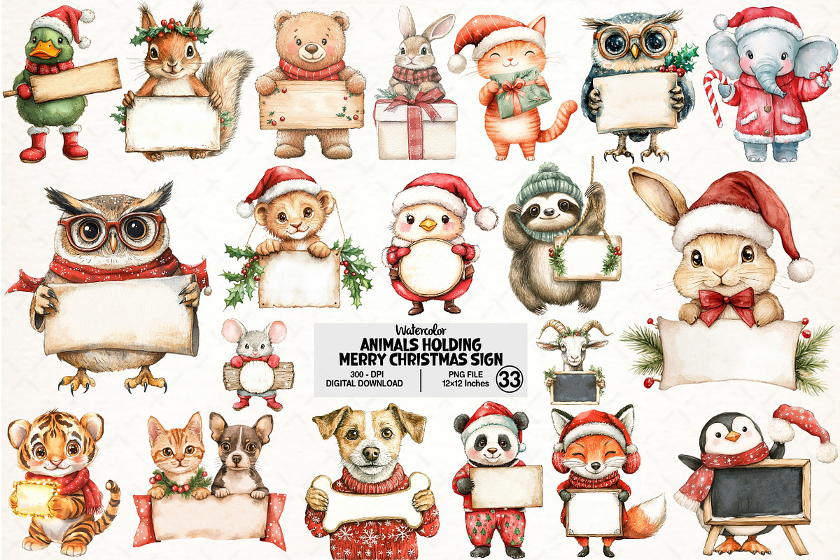 Animals Holding Merry Christmas Sign, an Illustration by Pixels.Craft (Photo 1 of 7)