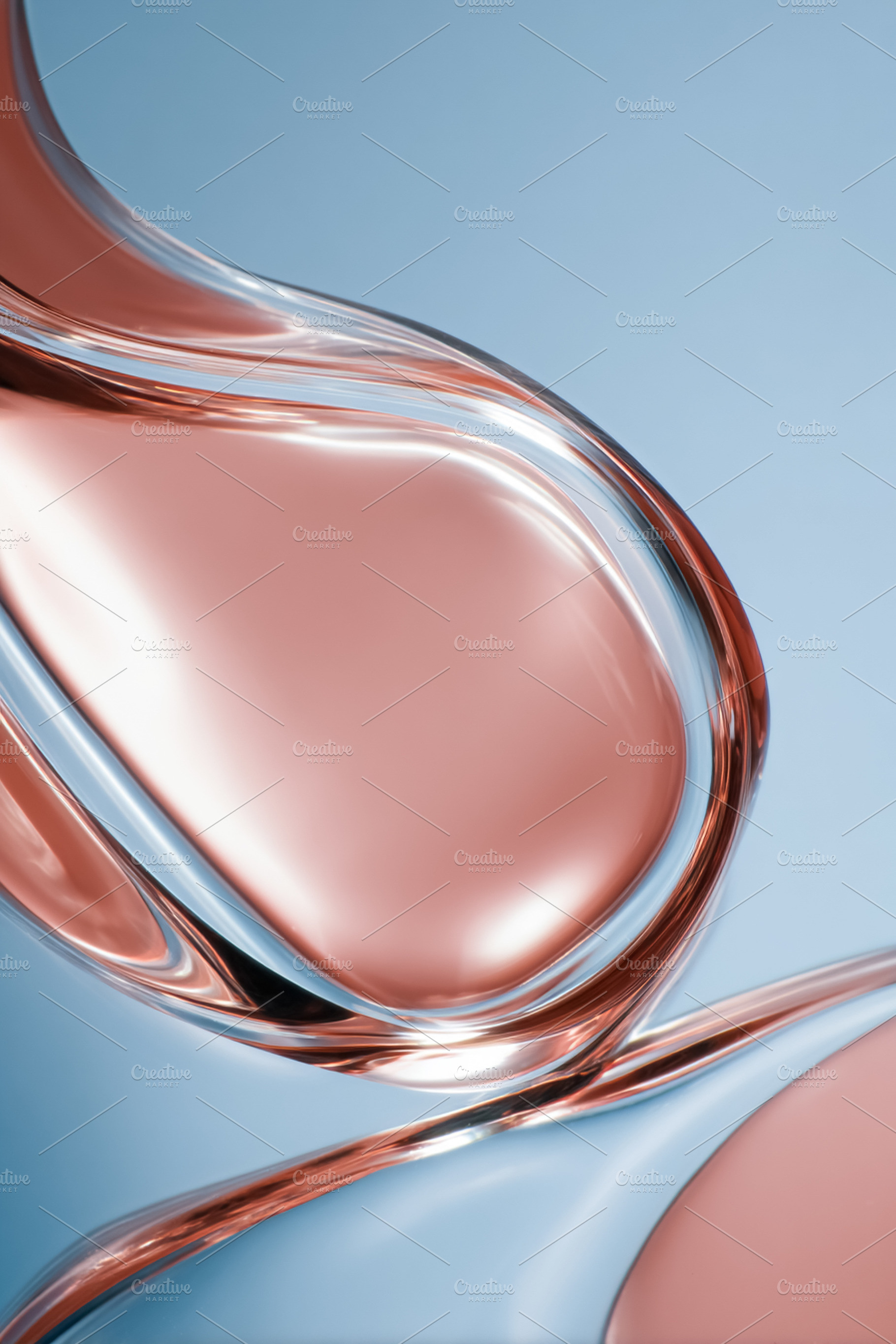Abstract fluid rose gold metallic waves flowing over a soft blue background, mo, a Photo by Studio ANNA