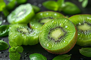 Fresh, vibrant green kiwi slices surrounded by fragrant basil le, a Food & Drink Photo by ImageMir