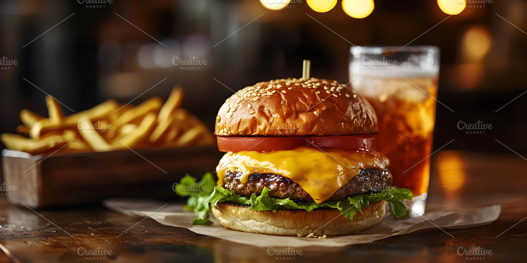 Cheeseburger with fries and soda on, a Food & Drink Photo by Photostock