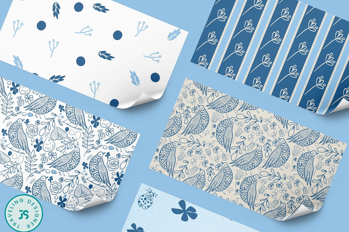 Nordic Blue Floral Bird Patterns, a Pattern Graphic by Traveling Designer (Photo 6 of 8)