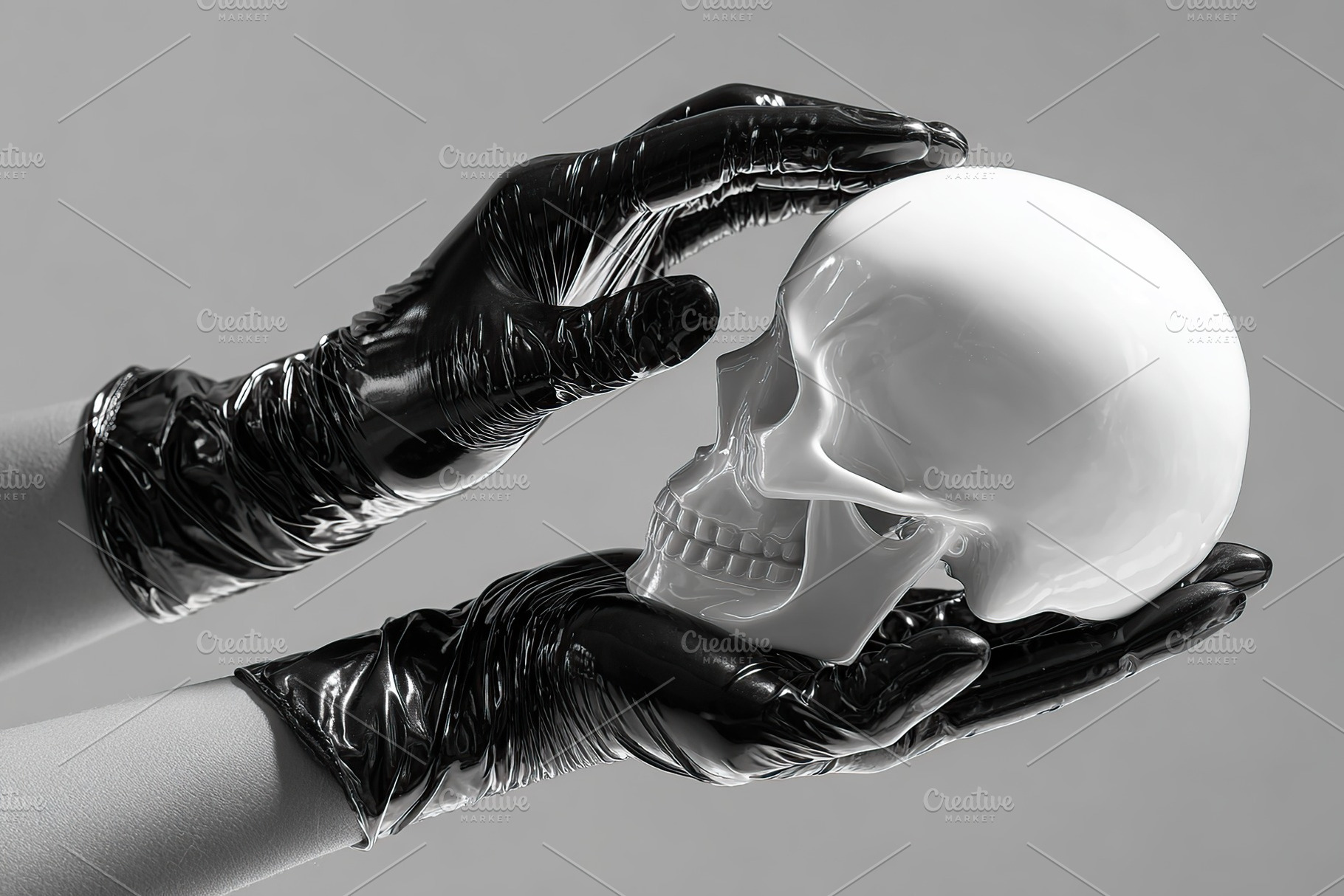 Holding a white skull in gloved hands against a neutral background, a Photo by AlyaAnd