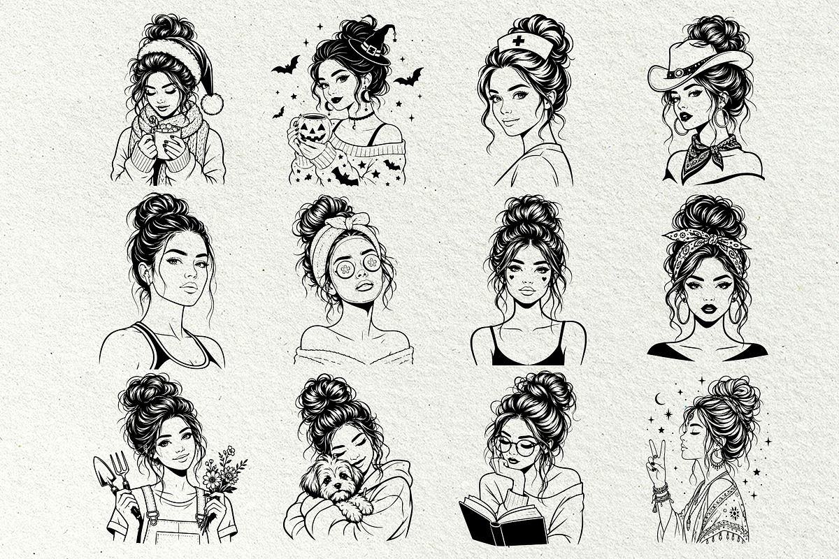 Messy Bun Girl Line Art Graphics, a Person Illustration by DENIDigitalArtSudio (Photo 4 of 6)
