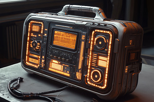 A futuristic, high-tech briefcase with glowing orange accents and intricate ele, an Industrial Photo by Textures & Backgrounds