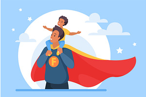 Happy family, dad superhero holding, a Person Illustration by Lemberg Vector