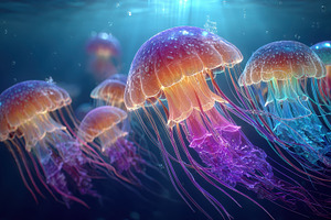 Colorful Jellyfish Underwater Scene, a Photo by Pixeness Studio