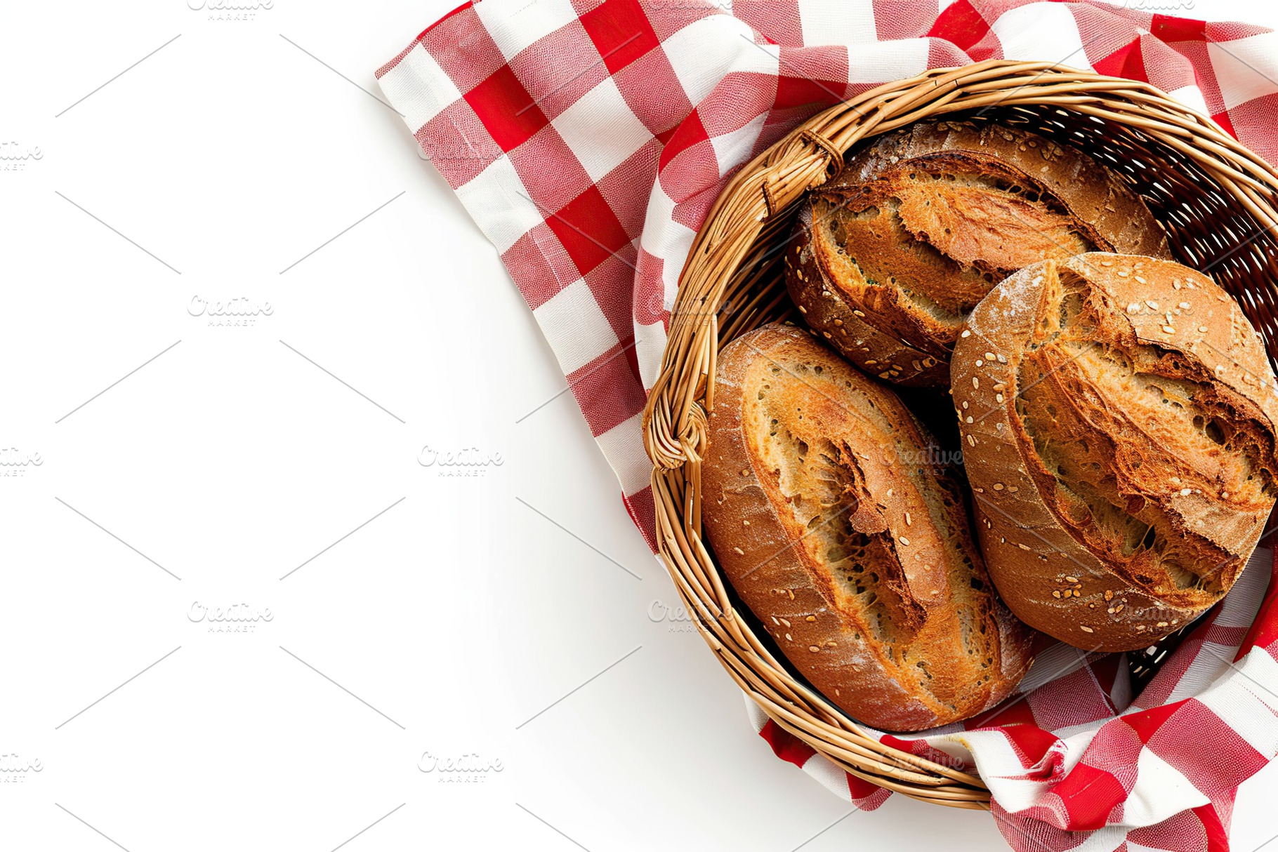 Flat lay of freshly different baked bread in basket with napkin on white backgr, a Food & Drink Photo by AlyaAnd