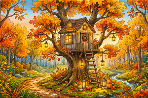 Cozy Treehouse in Autumn Forest