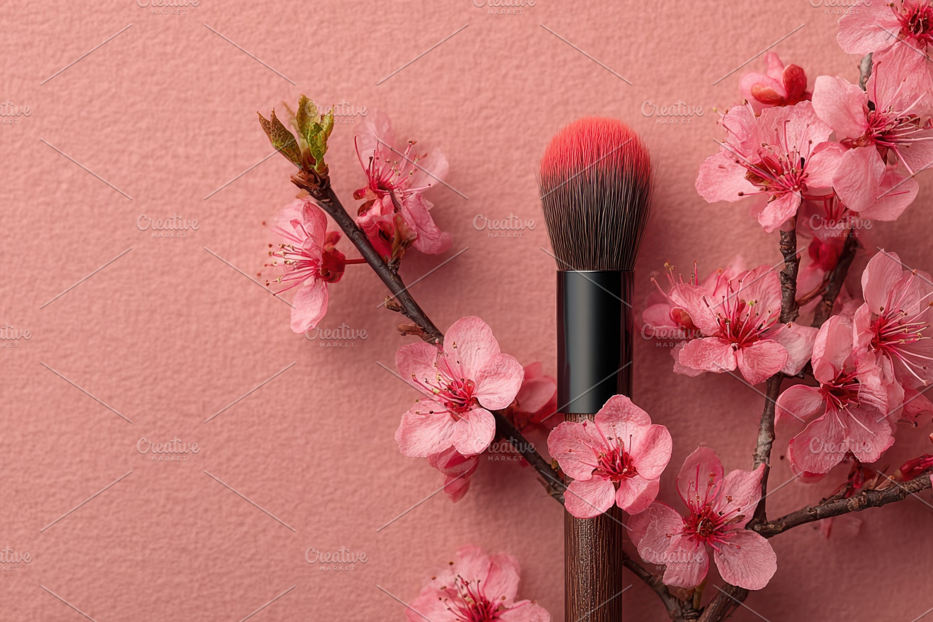 Makeup brush with cherry blossoms on pink background, a Beauty & Fashion Photo by AlyaAnd
