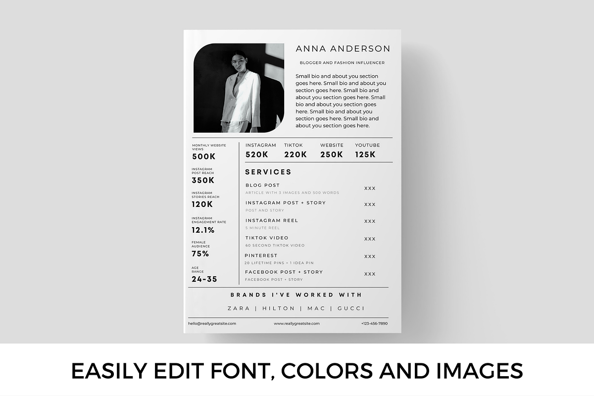 1 Page Influencer Media Kit Template, a Presentation Template by CoCreatorDesigns (Photo 3 of 7)