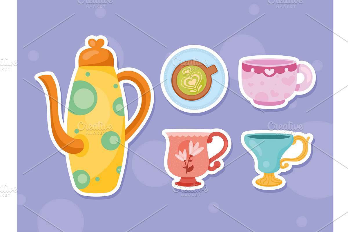 five teapot and cups icons, an Object Illustration by studiogstock
