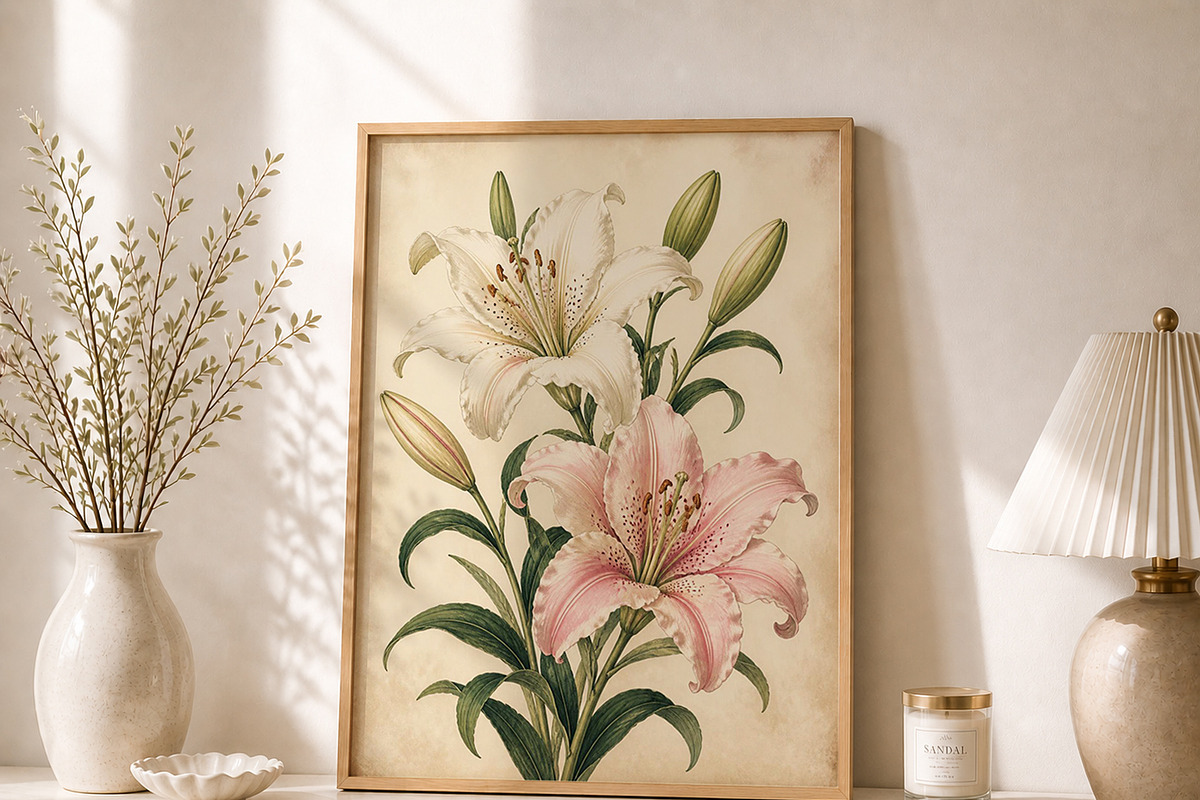 Vintage Pink Lily Wall Art, a Decorative Illustration by elfy creative (Photo 2 of 5)