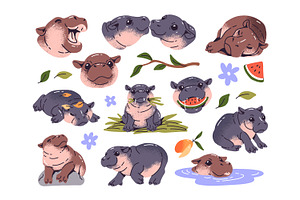 Cute hippos set + seamless patterns, an Animal Illustration by PaperTrident