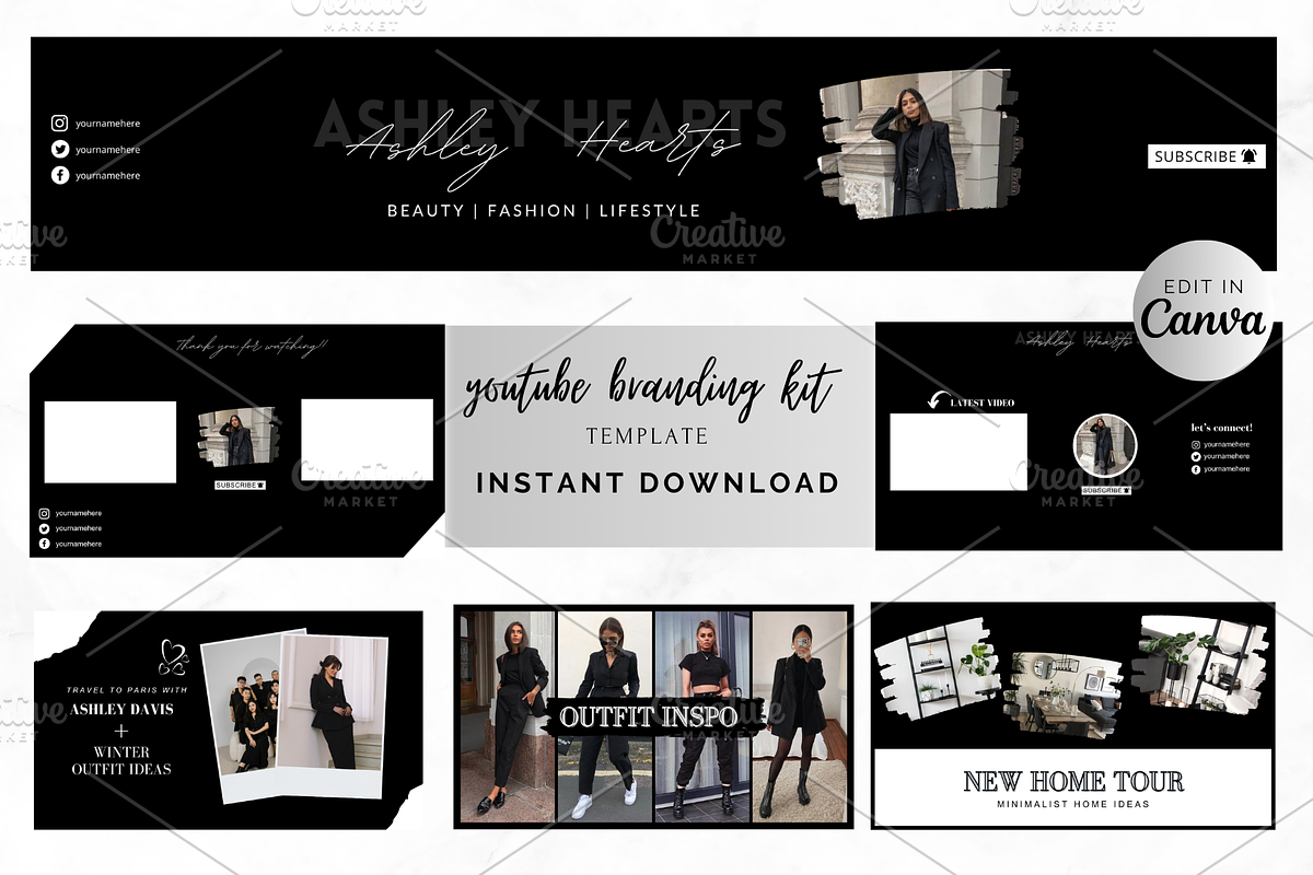 Black Canva YouTube Branding Kit, a Social Media Template by Studio Eburnean (Photo 1 of 6)