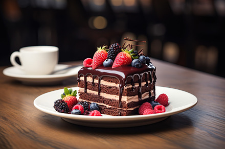Piece of chocolate cake with fresh berries on brown wooden table, a Food & Drink Photo by AlyaAnd