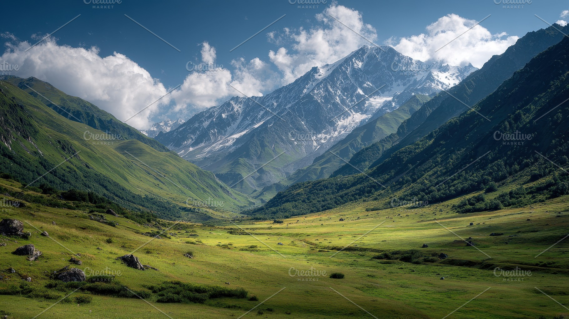Sunlight illuminates green mountain, a Photo by Pavel_design