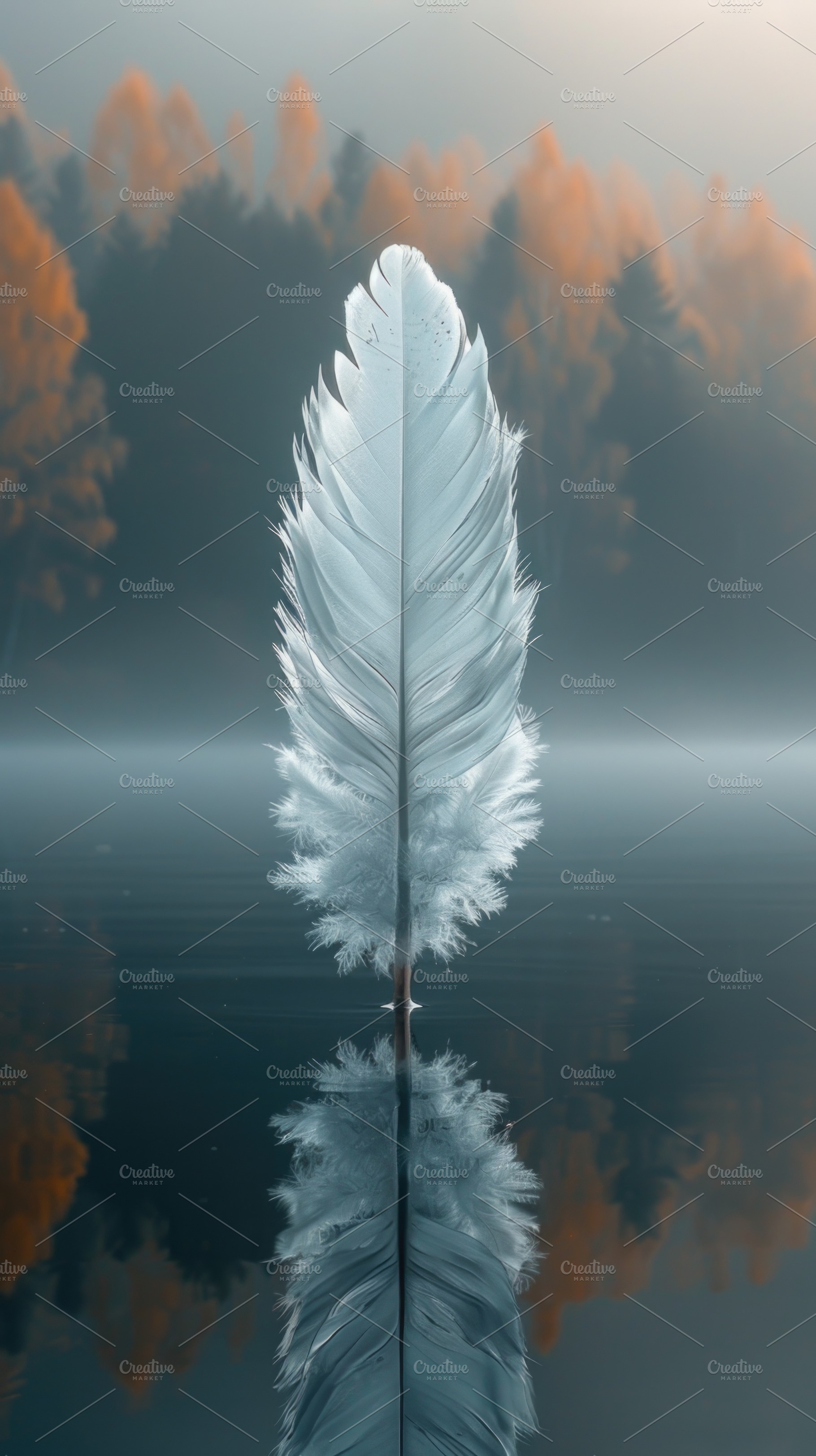 White Feather Reflection on Calm Water with Misty Forest Backgro, a Background Photo by José Manuel Gelpi