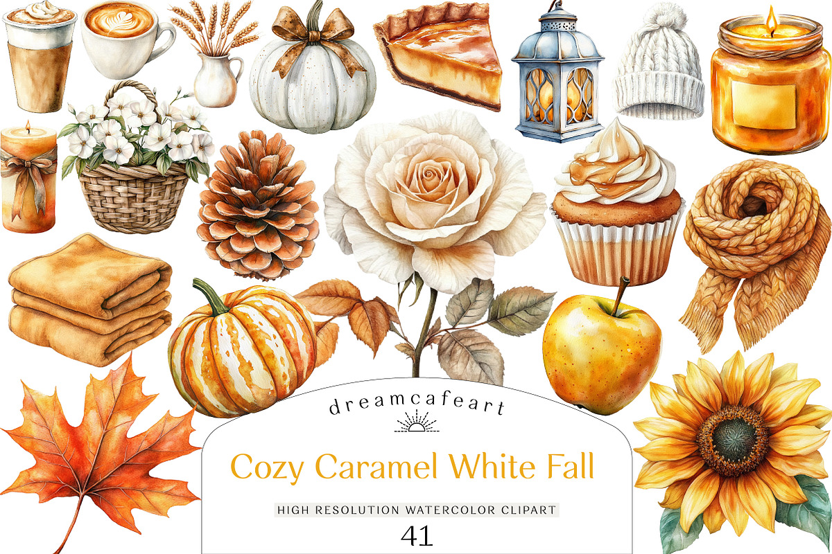 Cozy Caramel & White Fall Clipart, an Illustration by DreamCafeArt (Photo 1 of 5)