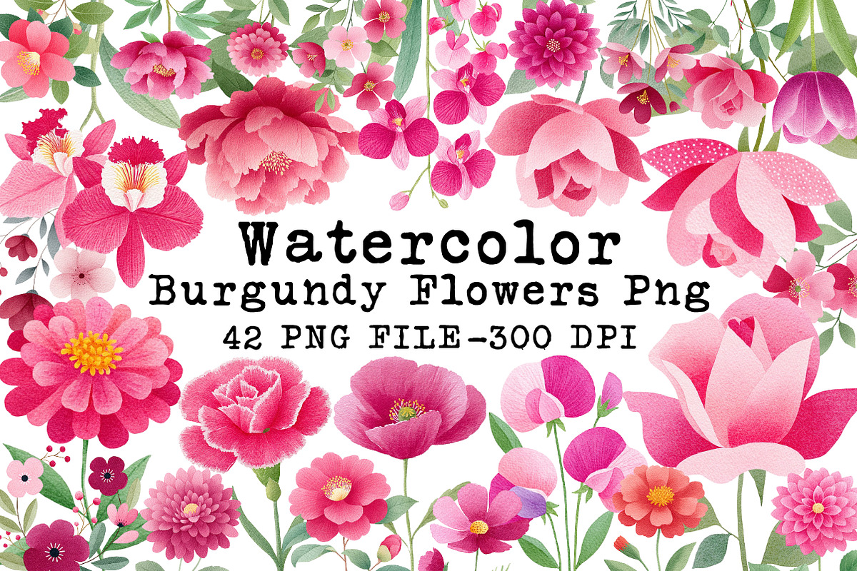 Watercolor Burgundy Flowers Png, an Illustration by Libby Wishes (Photo 1 of 6)