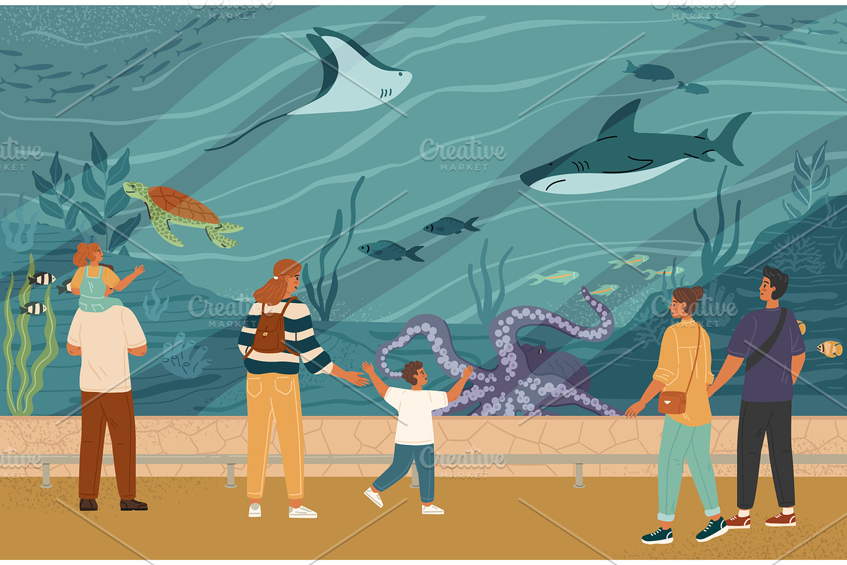 People in oceanarium scene with, an Animal Illustration by vectorpointstudio
