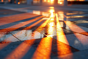 Sunlight reflecting on wet pavement during sunset in an urban setting, a Photo by AlyaAnd