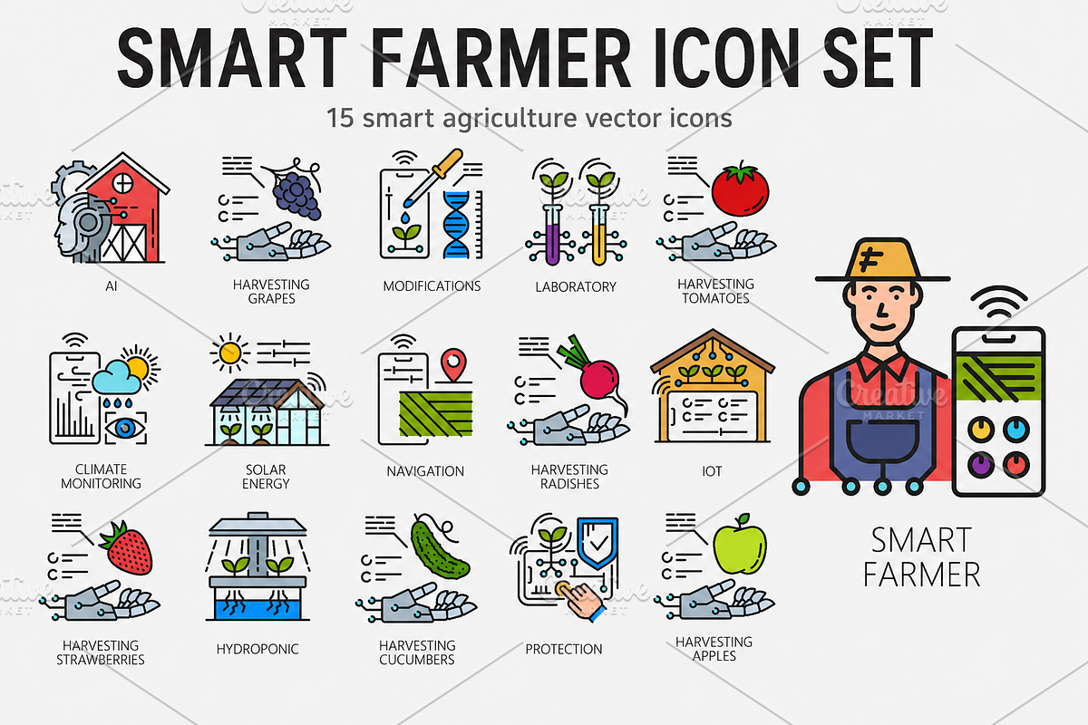 Robot smart farm line icons, a Technology Illustration by Vector Tradition (Photo 3 of 3)