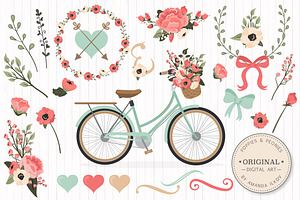 Mint & Coral Floral Bicycle + Extras, an Illustration by Amanda Ilkov