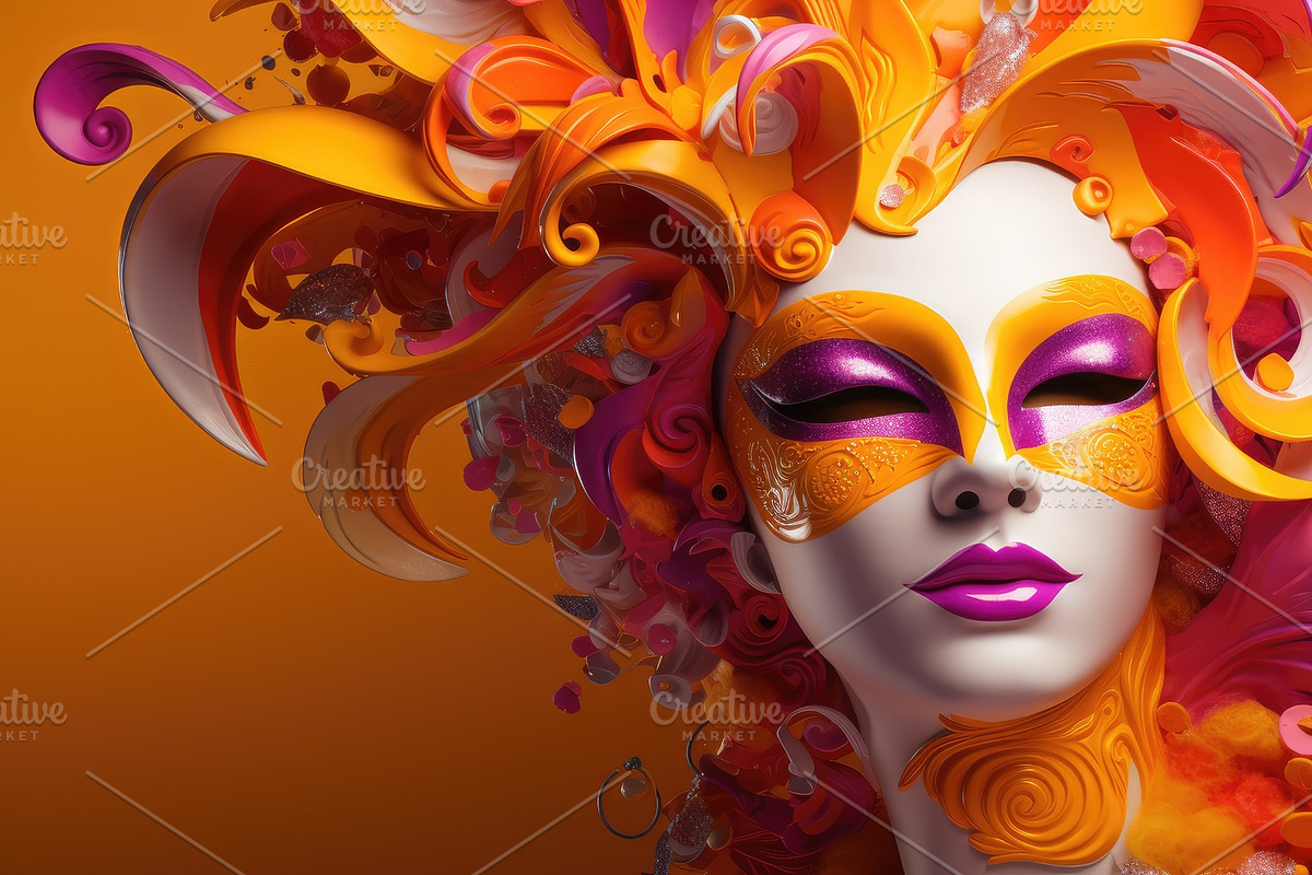 Opulent Golden Masquerade Mask Adorned with Purple Feathers and, a Seasonal Illustration by José Manuel Gelpi