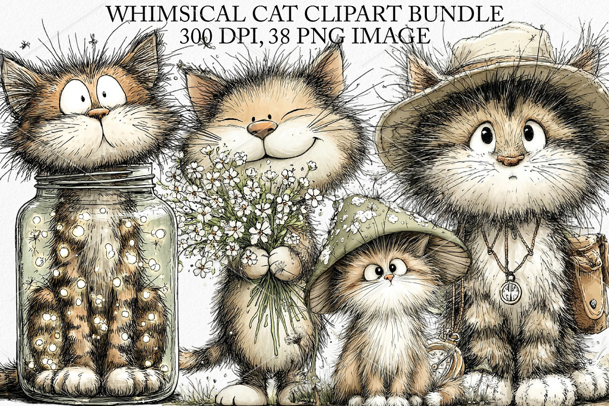 Whimsical Cat Clipart Bundle, an Illustration by Canvas Craft (Photo 1 of 7)