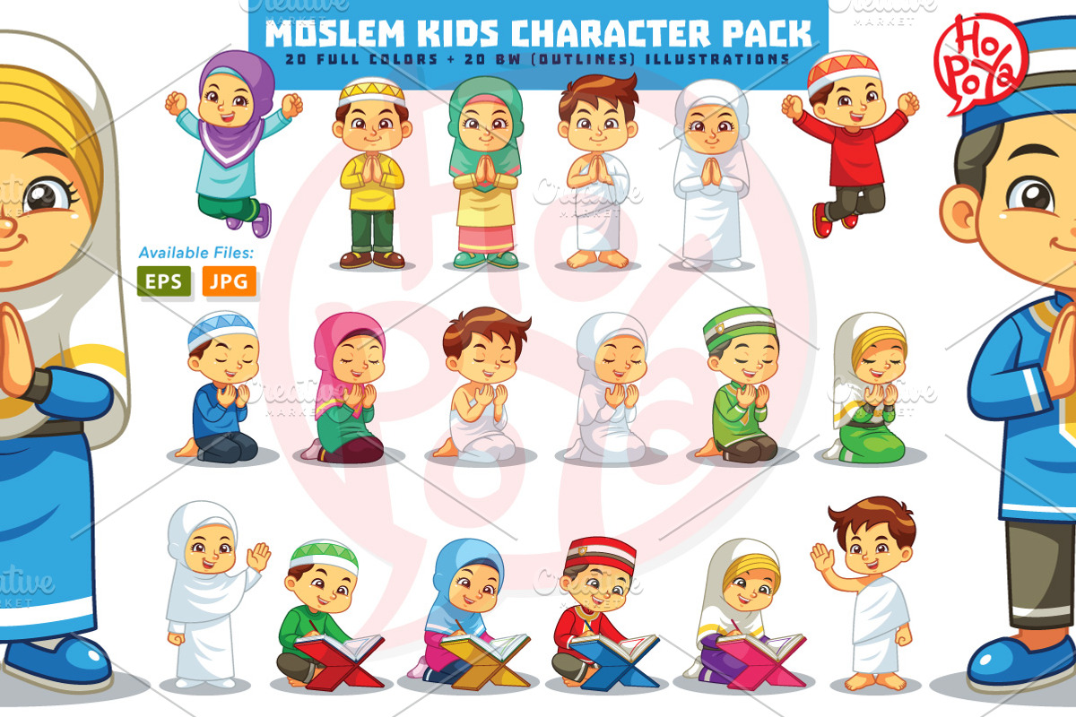 Moslem Kids Character Pack, an Education Illustration by mikailain (Photo 1 of 2)