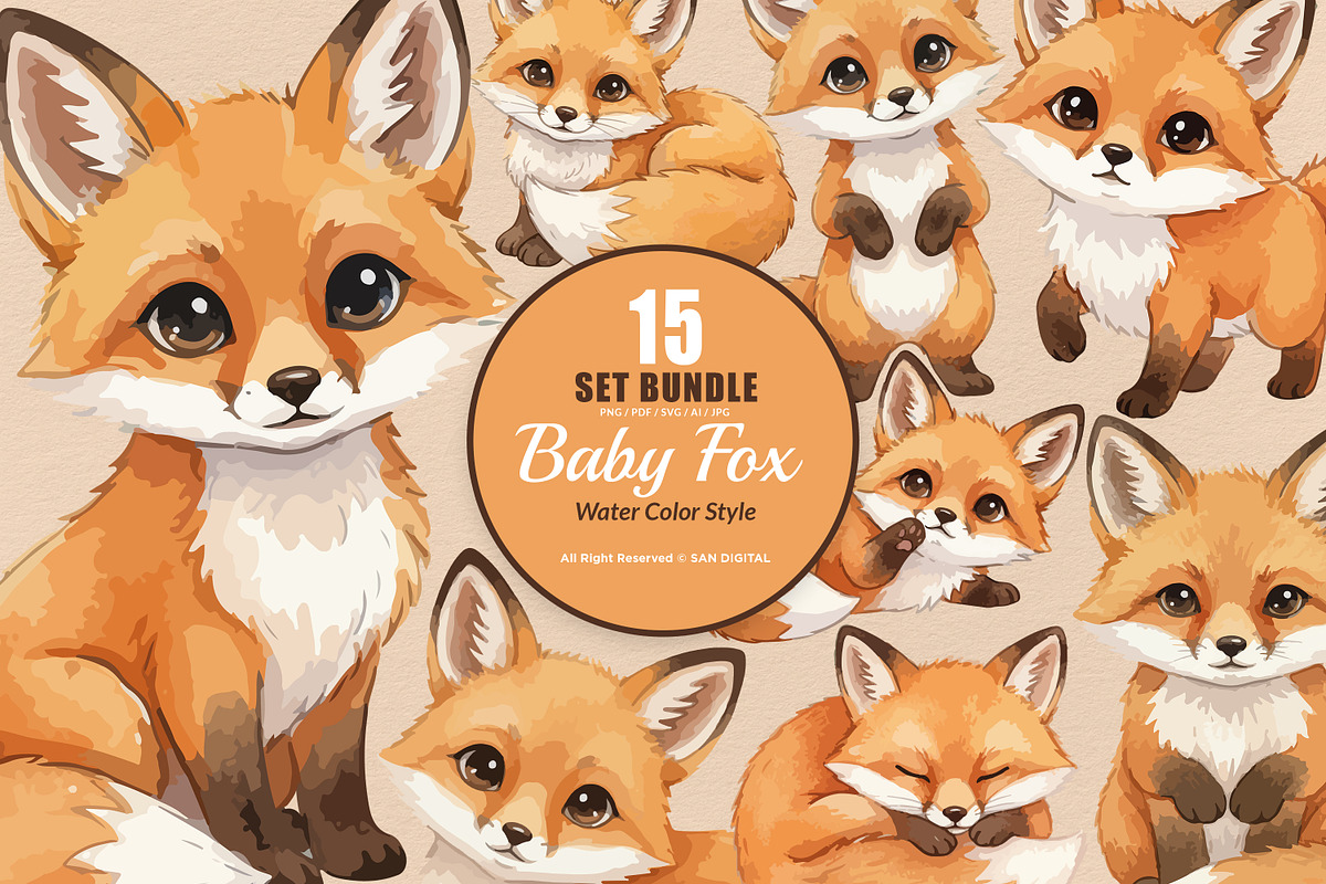 15 Bundle Watercolor Baby Fox Wild, an Animal Illustration by Morspective (Photo 1 of 8)