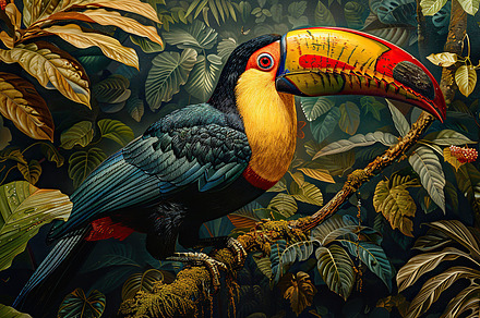 A colorful toucan sits on a branch,, a Photo by LOGOCREATIVE