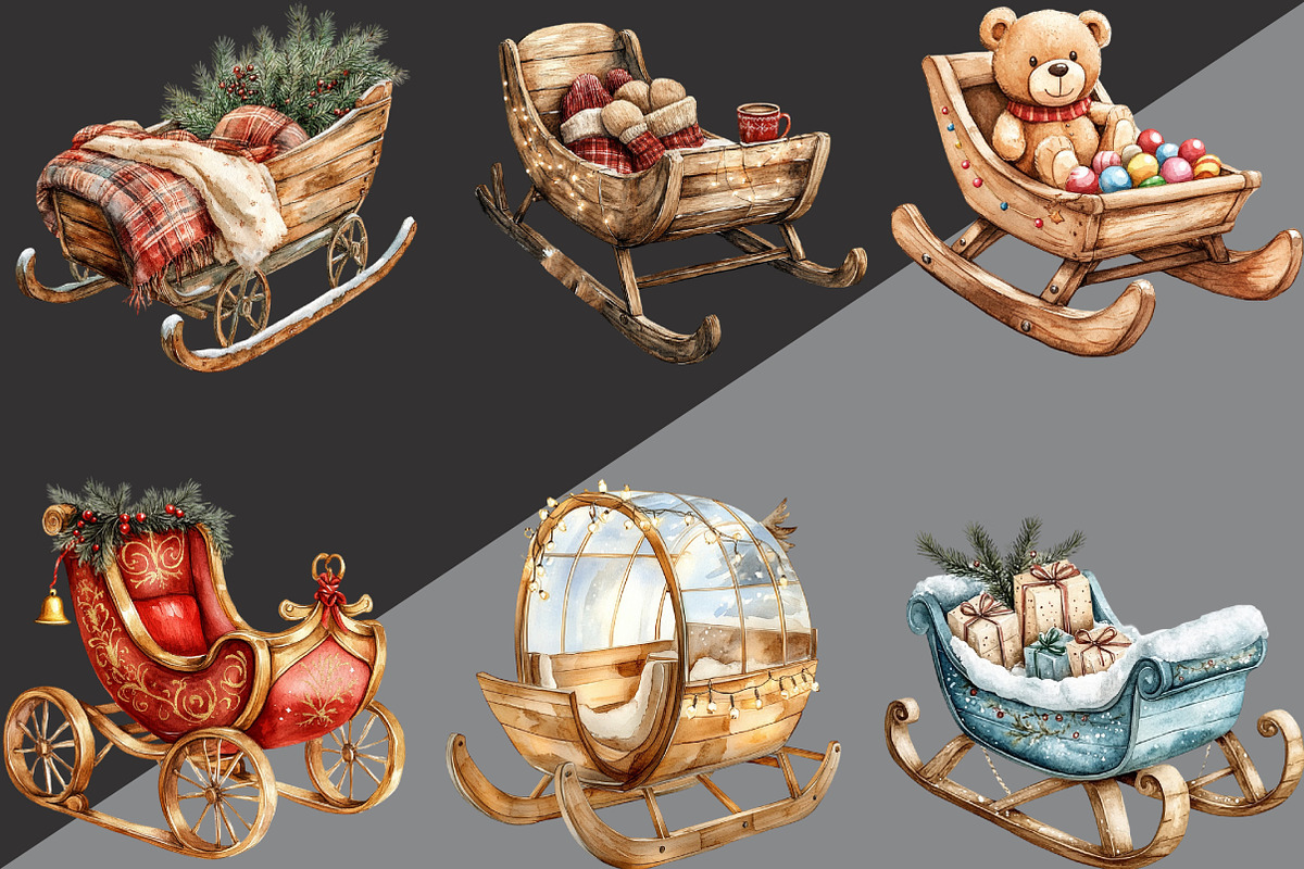 Christmas Sleigh Sublimation Clipart, an Illustration by Black Bird Studio (Photo 2 of 6)