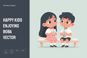 Happy Kids Enjoying Boba Vector, a Person Illustration by Partikusi Design