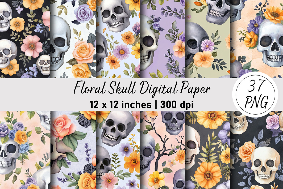 Floral Skull Digital Paper, a Pattern Graphic by Digital Artistic99 (Photo 1 of 7)