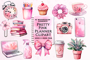 Watercolor Pink Planner Clipart