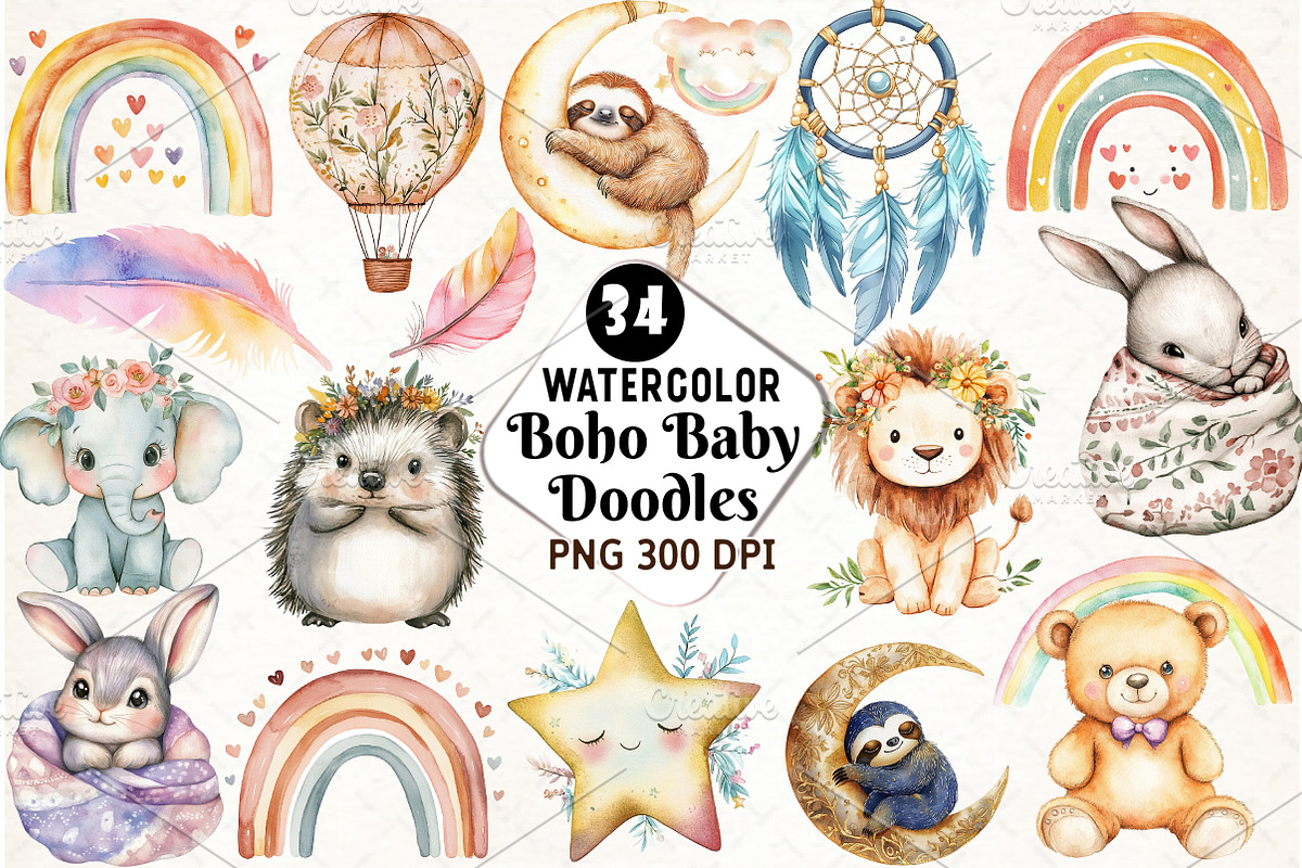Boho Baby Doodles Sublimation Clipar, an Illustration by Watercolor design (Photo 1 of 4)