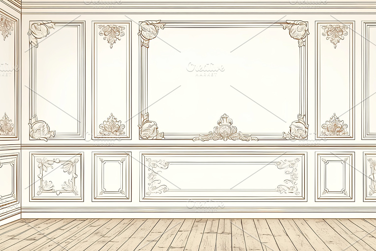 Classic interior with decorative wall paneling and wooden parquet flooring desi, an Illustration by AS photostudio
